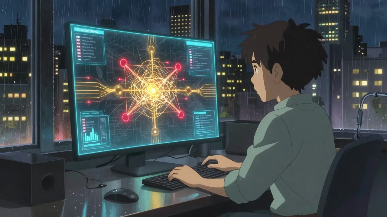 A developer analyzing a holographic data map of smart contract flows with FlashDeFier, in a rainy urban scene.