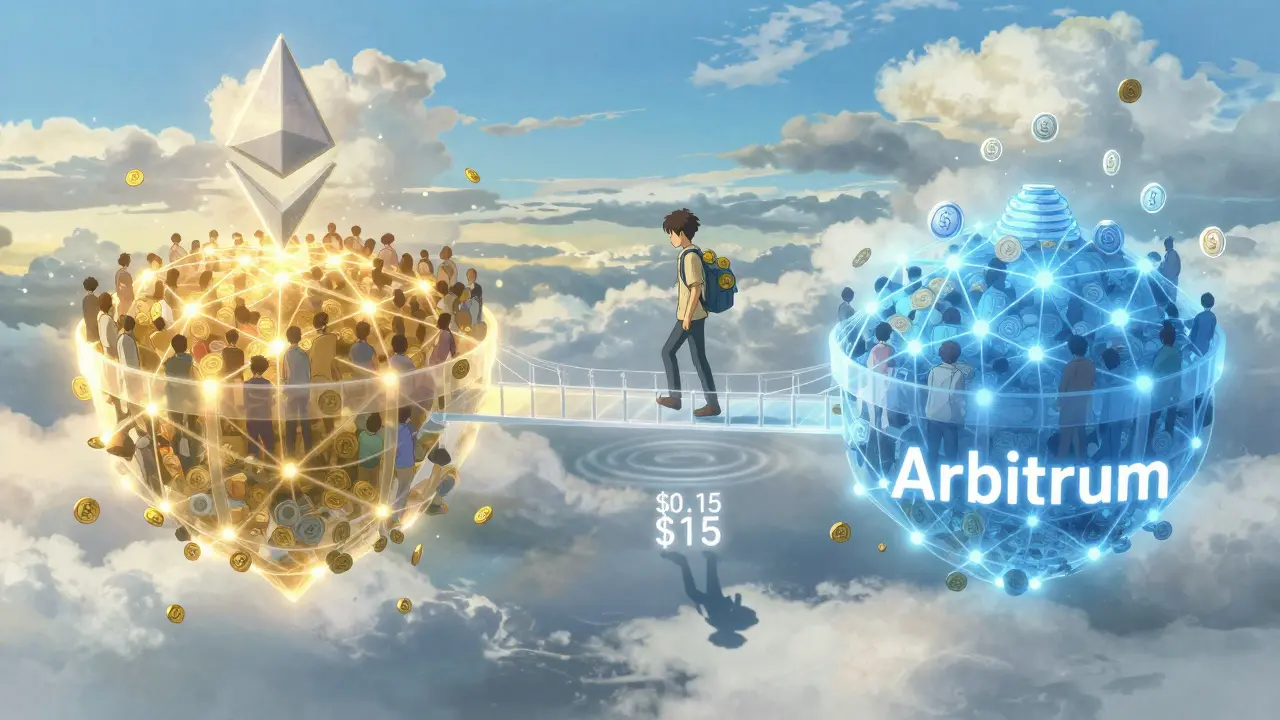 A figure crossing a glowing bridge from a crowded blockchain to a serene Layer 2 network, representing fee reduction.