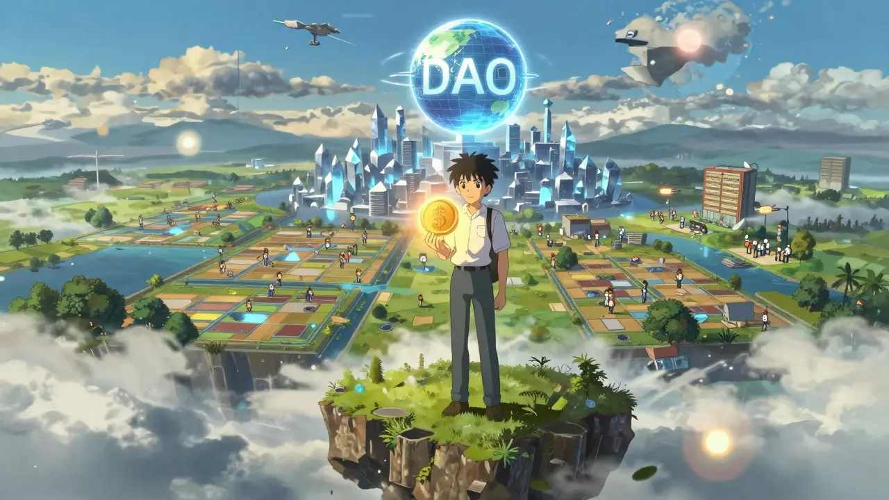 A figure stands on a digital island holding a $BULL token, surrounded by a vast evolving metaverse.