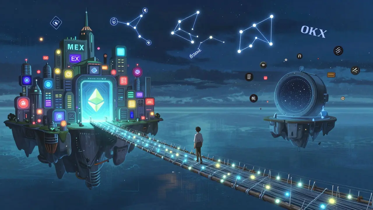 A figure walking across a glowing blockchain bridge connecting a decentralized exchange to a starlit wallet vault, with crypto tokens forming constellations above.