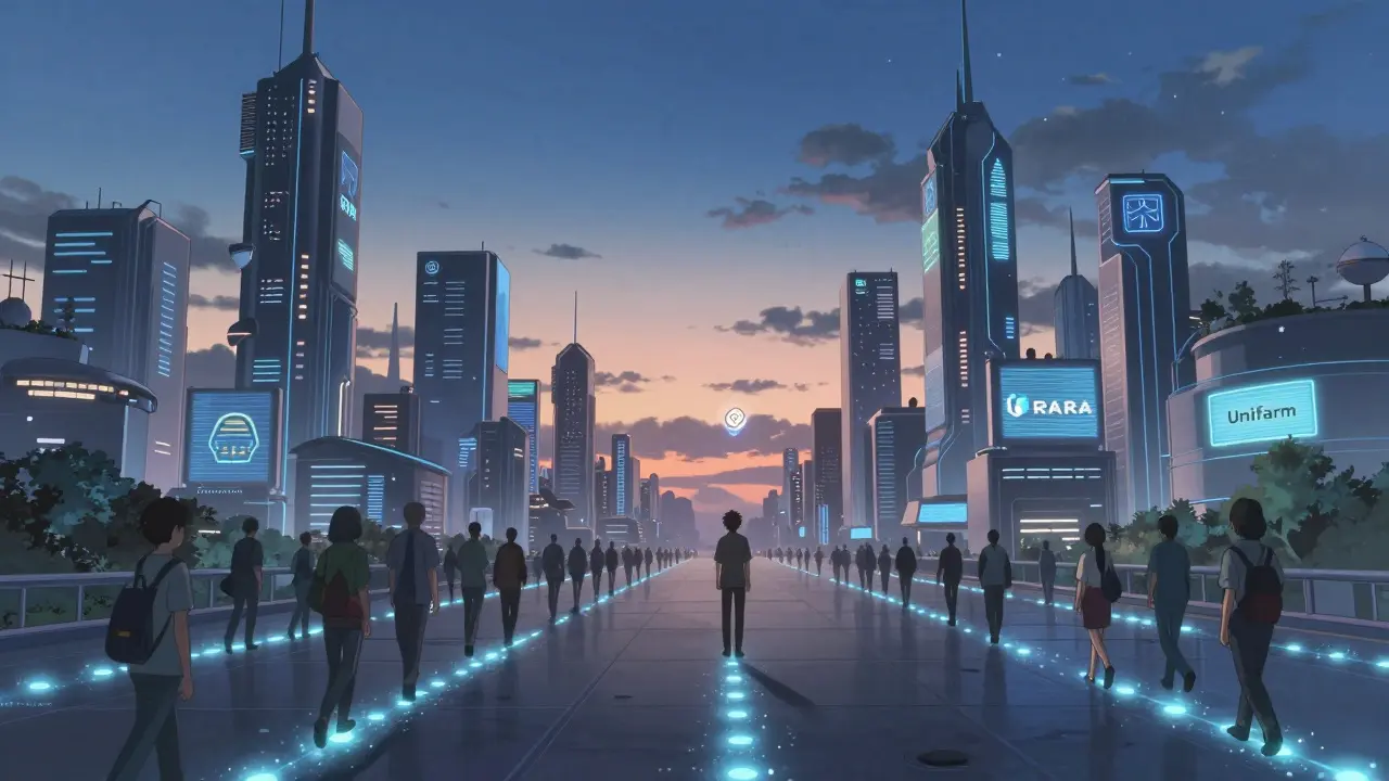 A futuristic Solana city at dawn with glowing pathways, each person leaving token trails, as one looks up to a floating RARA token.