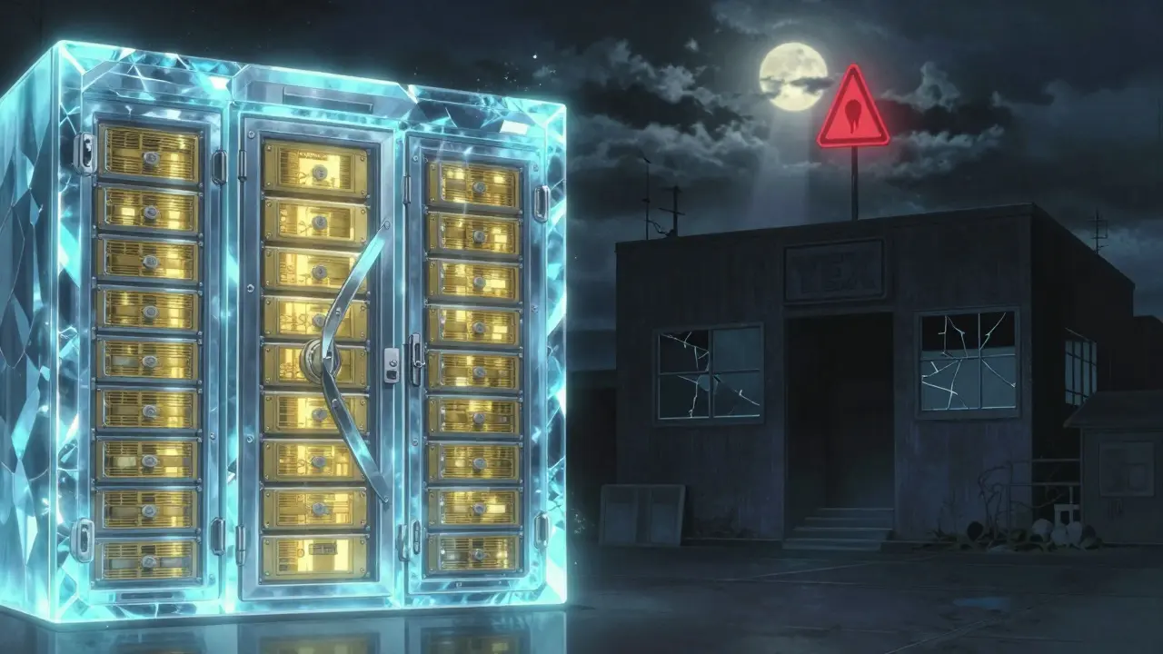 A glowing contrast between a secure exchange with protective auroras and a hollow, dark building labeled 'YEX' under stormy skies.