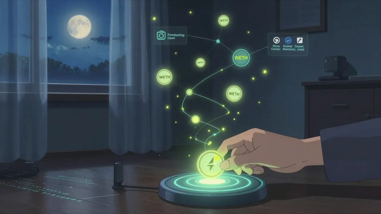 A hand depositing ETH into a smart contract, with WETH tokens swirling into DeFi applications in a quiet, moonlit room.