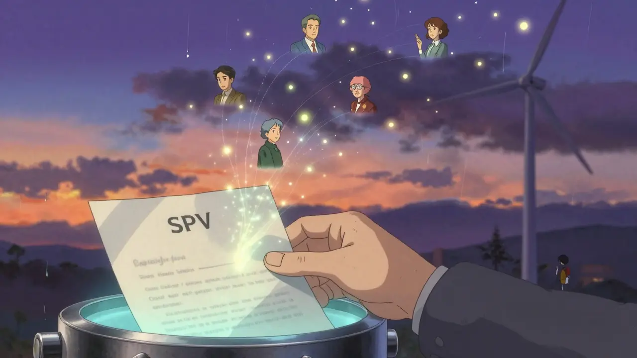 A hand places a deed into a glowing vault as digital tokens rise like fireflies, connecting global investors to a wind farm under twilight skies.