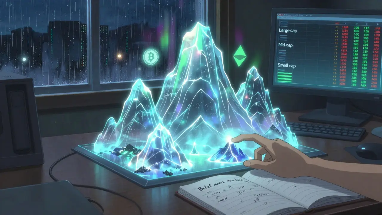 A holographic chart of crypto market cap categories rises like mountains in a dim room, with Bitcoin and Ethereum towering in the background.