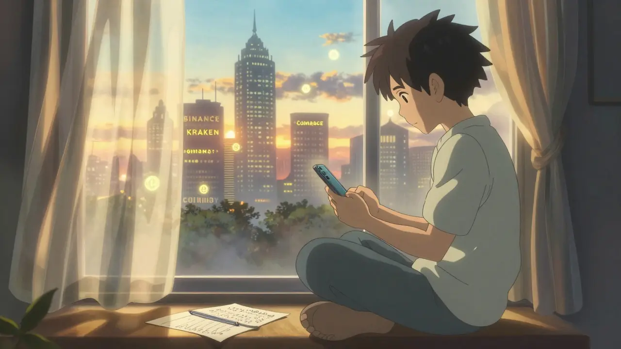 A person at a windowsill with handwritten crypto amounts, while distant exchange platforms glow in the background at dawn.