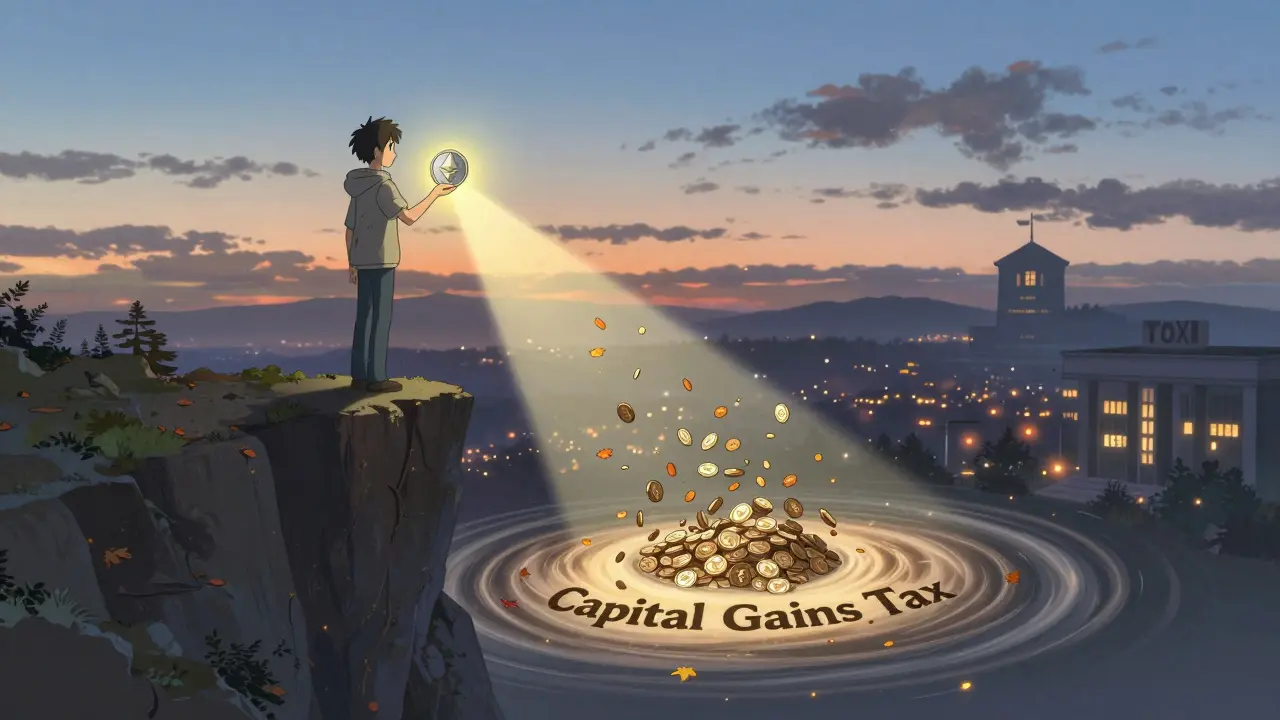 A person atop a cliff holding an Ethereum token as digital coins fall into a tax vortex below at dawn.