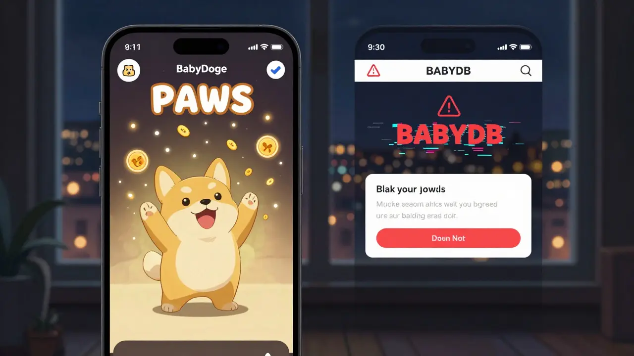 A smartphone screen showing the legitimate PAWS game interface beside a fake BABYDB phishing site, with soft lighting and cinematic shadows in Makoto Shinkai style.