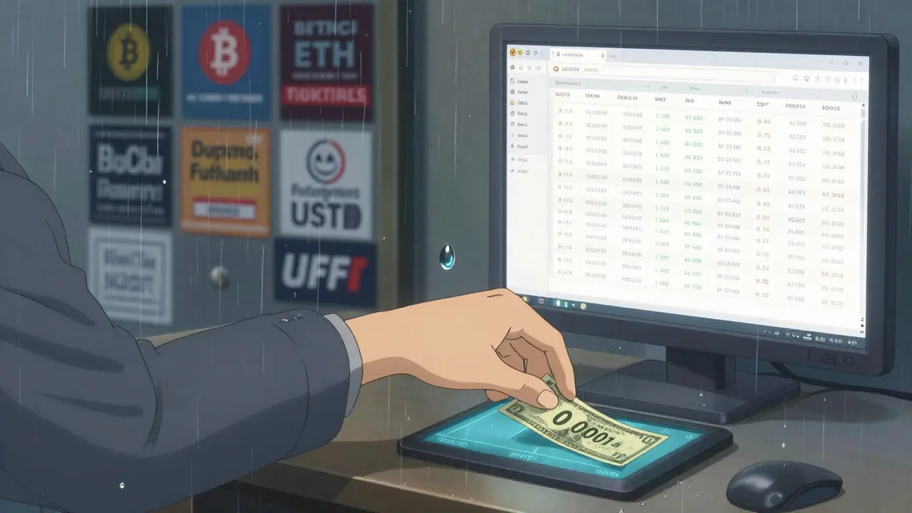 A split scene contrasting a cluttered crypto platform with ABCC's clean trading terminal and a  deposit transforming into BTC.