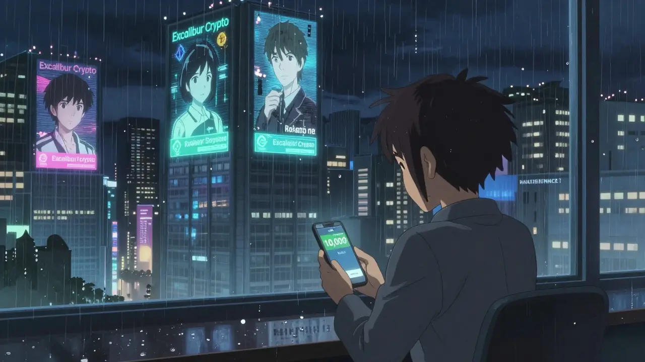 A trader stares at a phone showing fake crypto gains while real funds are zero, under flickering neon ads in rainy city lights.