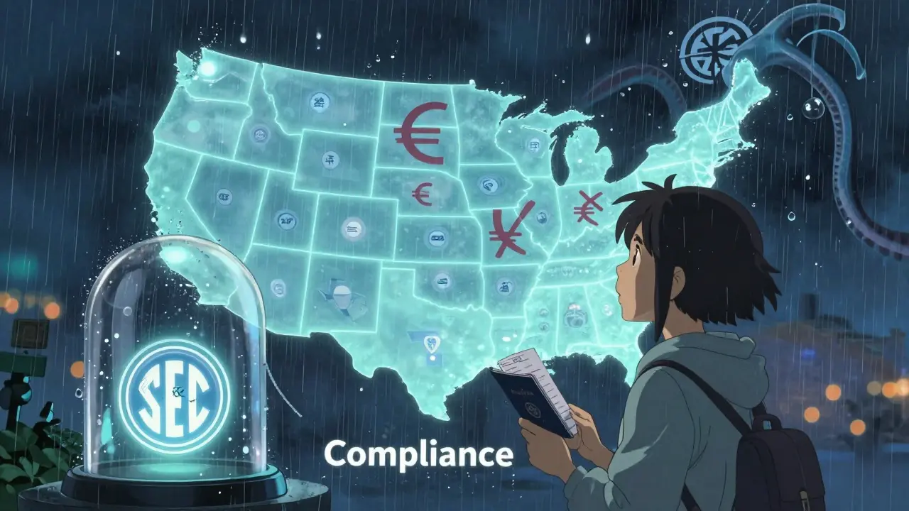 A U.S. map showing region-specific crypto restrictions, a young woman looking up as a Kraken logo guides her toward compliance.