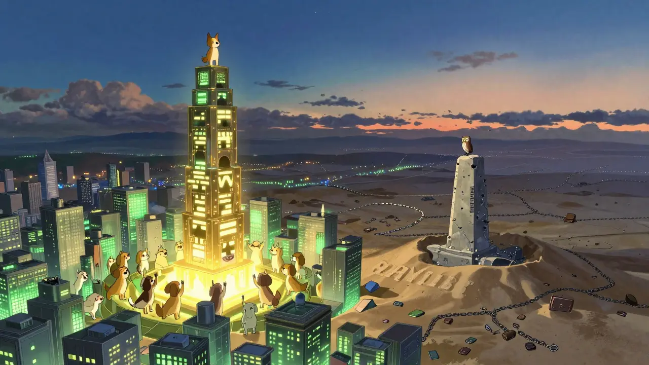 A vast digital landscape at twilight with a thriving BabyDoge PAWS city on one side and a crumbling BABYDB monument on the other, under a glowing twilight sky.