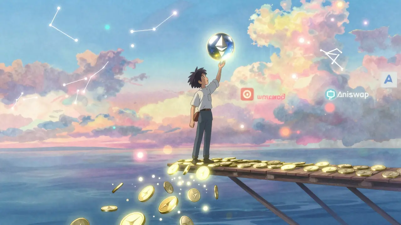 A young figure reaching for a WETH orb on a bridge of ERC-20 tokens, with DeFi platforms glowing as constellations.