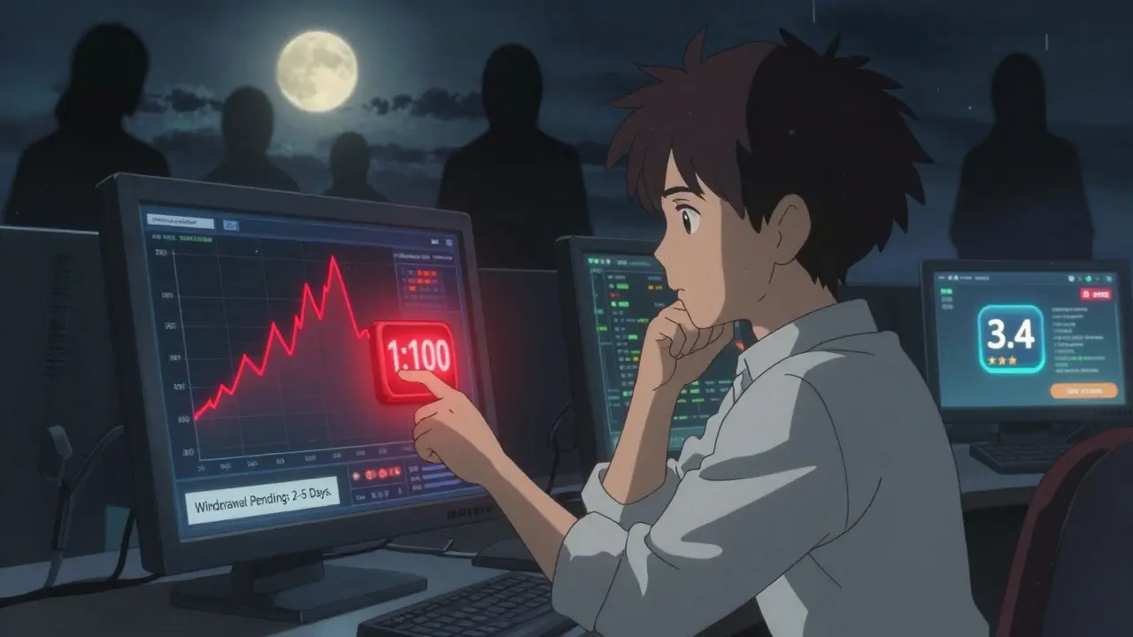 A young trader hesitating before a high-leverage trading option, with shadowy lost funds drifting behind and a delayed withdrawal notice on screen.