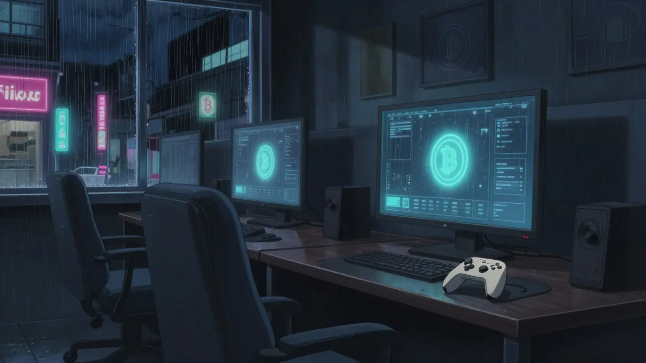 An empty gaming lounge at night with a frozen DeFi Warrior interface and a single FIWA token on a controller.