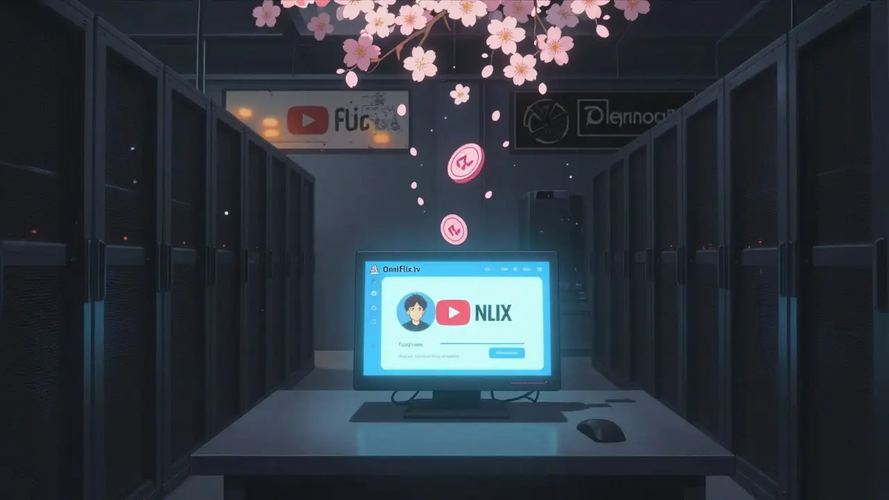 An empty YouTube server farm contrasts with a single glowing OmniFlix.tv NFT transaction.