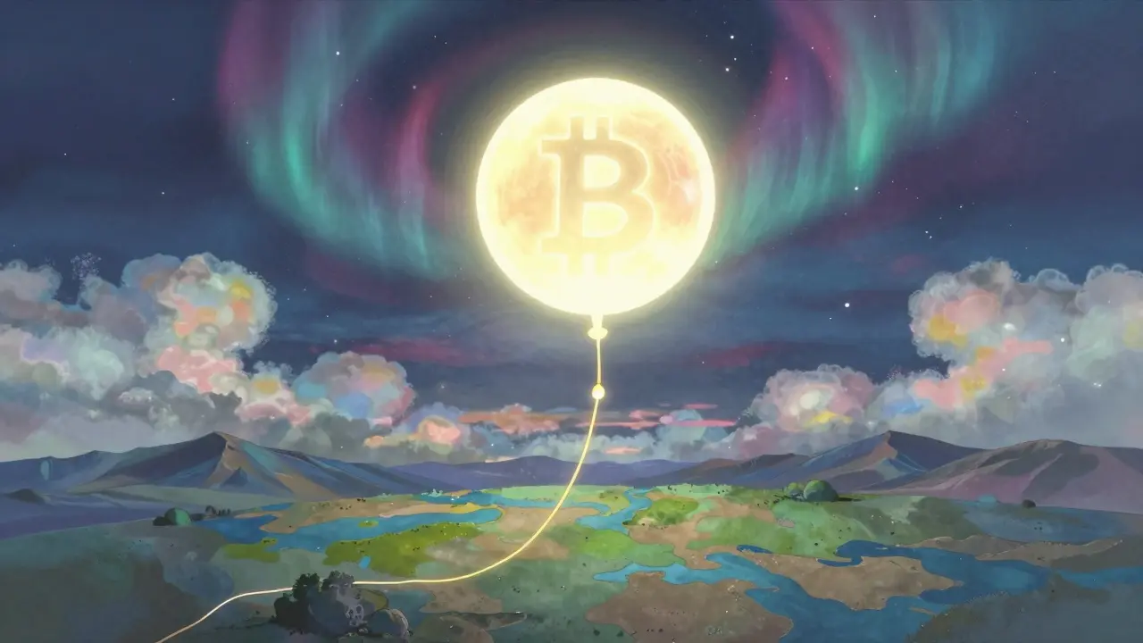 Bitcoin as a glowing orb tethered by a golden trailing stop-loss thread, floating through cosmic storm clouds and auroras.