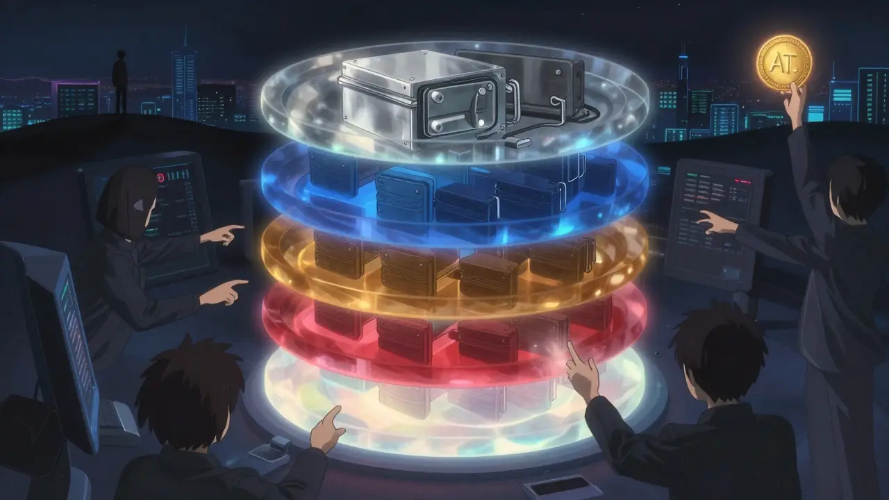 Five protective layers encasing a digital vault, with shadowy hands dissolving before reaching the core, under a glowing AT token.