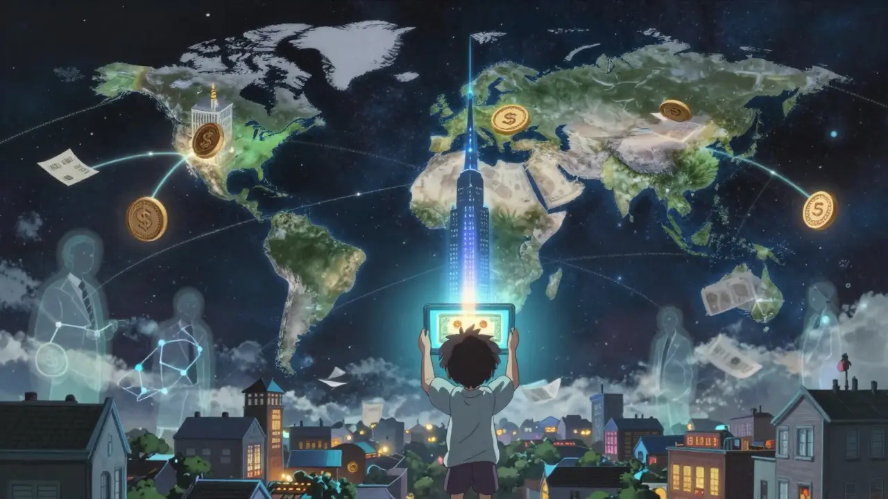 Floating asset tokens drift above Earth, connected by light, as a child gazes at a 0 token slice of a Manhattan building in reflection.