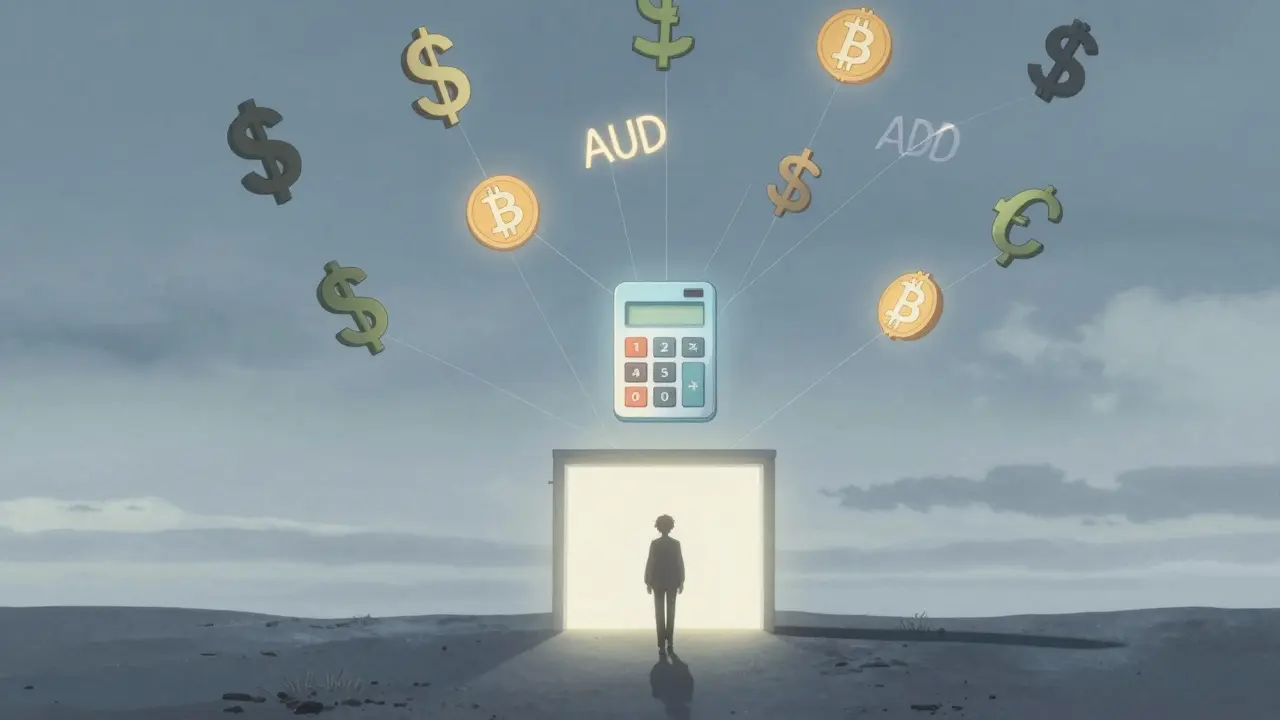 Floating crypto and fiat symbols connected by light threads to a small calculator icon in a serene, empty sky.