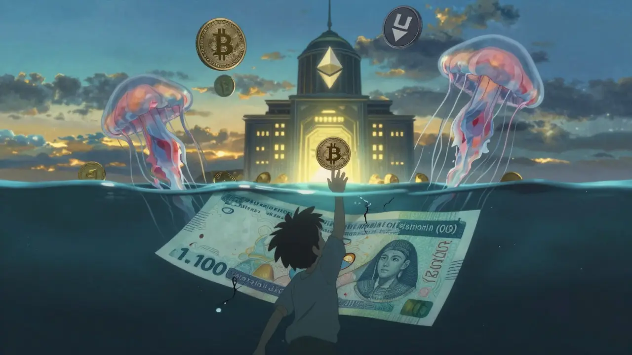 Floating crypto coins drift above a sinking Egyptian banknote, as a child reaches upward under a glowing, distant central bank building.