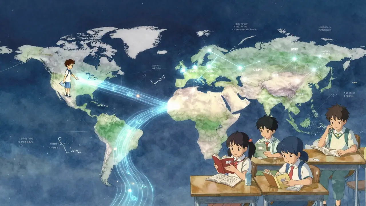 Glowing blockchain transactions connect donors across the globe to aid recipients in real time, rendered as luminous pathways in the night.