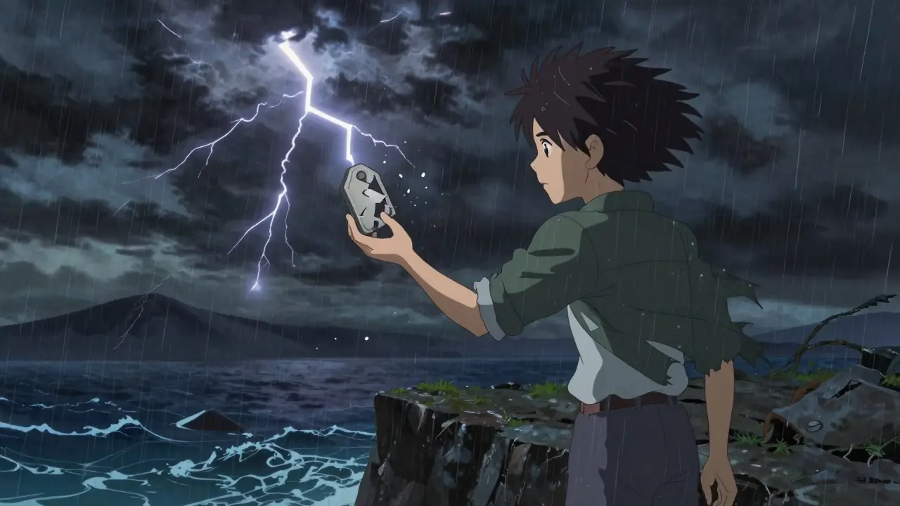 Lone figure on stormy cliff clutching a shattering token