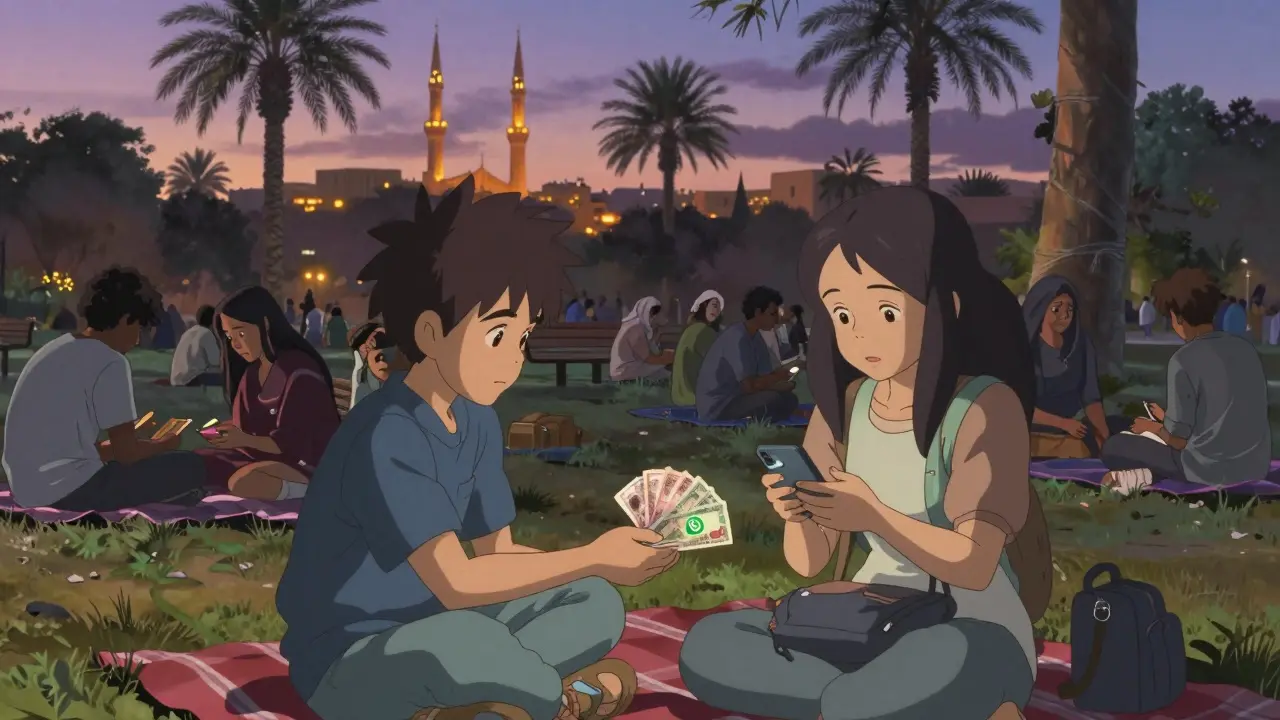 People in a Cairo park quietly exchange cash for cryptocurrency using QR codes, surrounded by soft twilight and swaying palm trees.