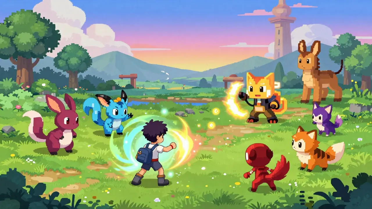 Player battling Axie creatures in vibrant play-to-earn game environment.