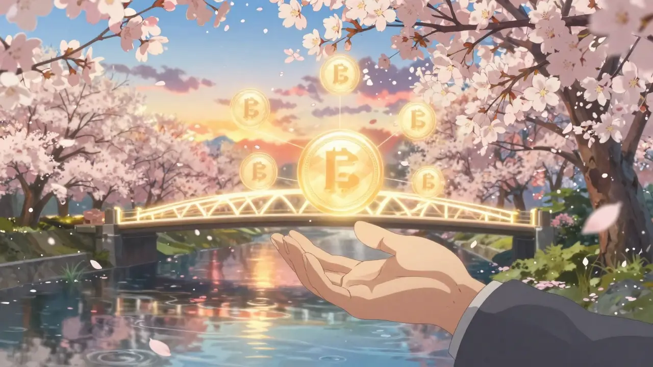 Serene scene of tokens floating over a glowing bridge with cherry blossoms