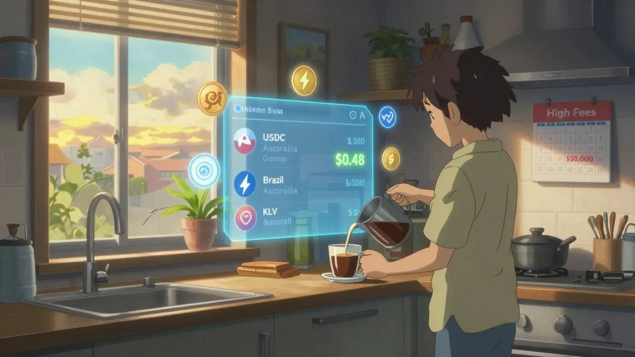 Someone in a kitchen at dawn viewing USDC international transfers with a tiny fee tag, surrounded by crypto icons.