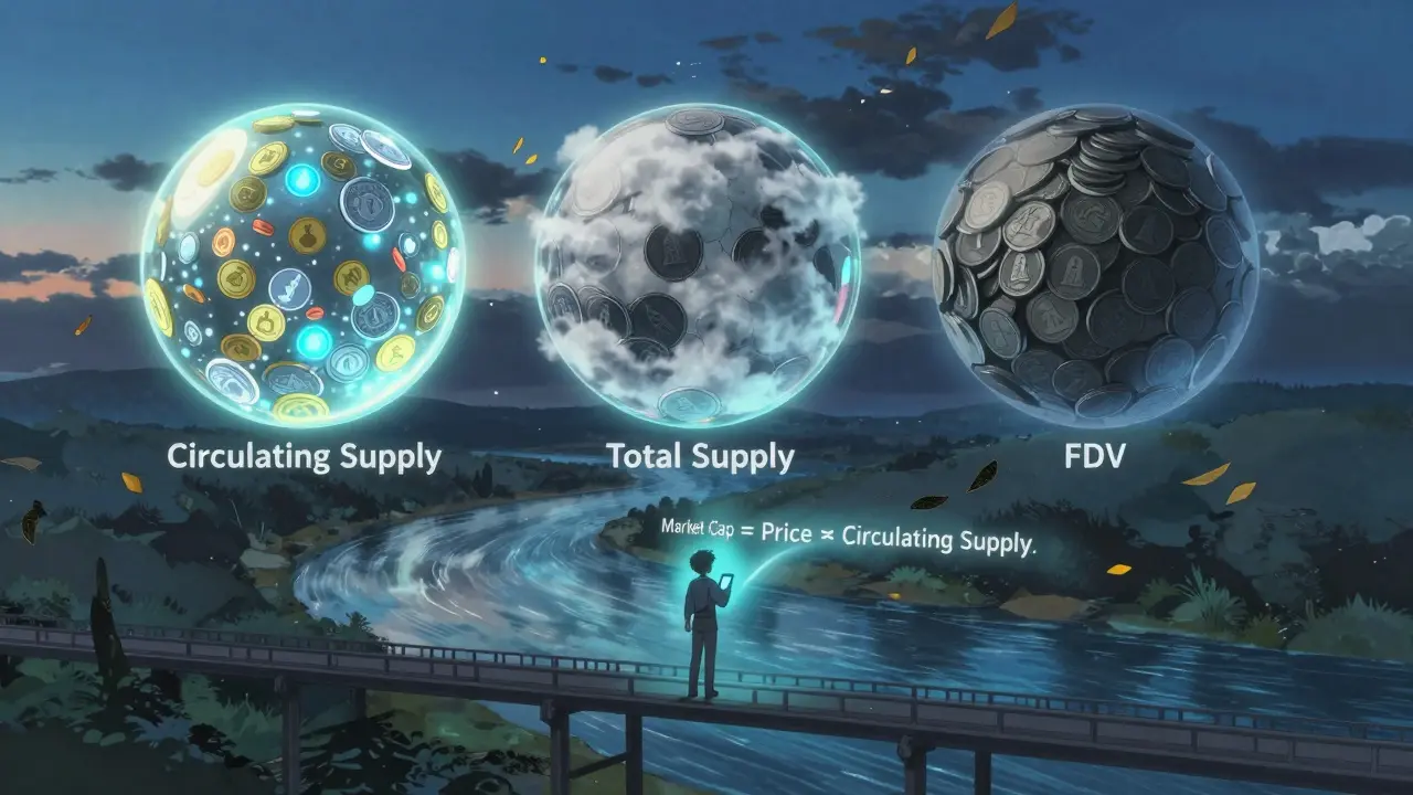 Three glowing orbs representing different supply types hover above a data river at twilight, with a person holding a tablet showing the market cap formula.