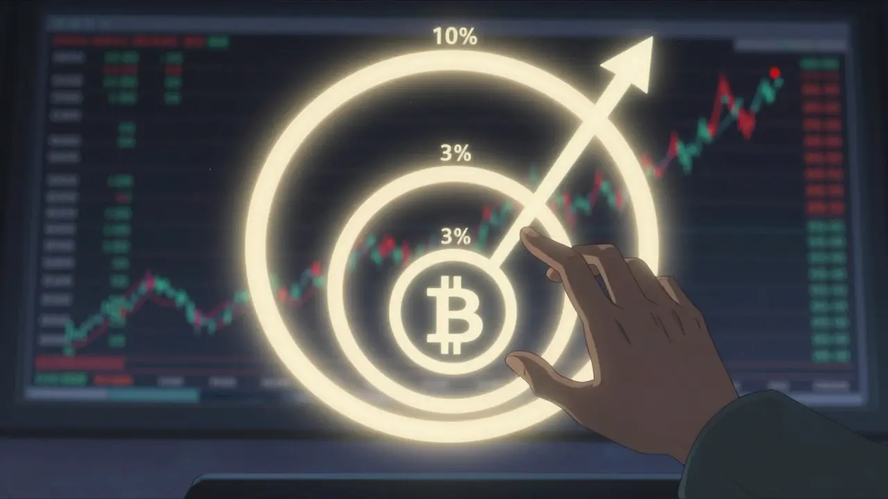 Three glowing rings representing tiered stop-loss levels adjusting as Bitcoin’s price rises above a trading terminal.