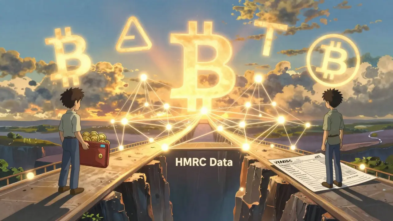 Two figures on opposite sides of a glowing blockchain bridge under golden hour skies with crypto logos in clouds.
