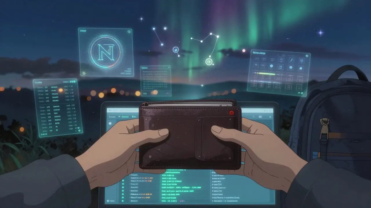 Two hands holding Solana wallets above a glowing transaction screen, with holographic DeFi elements floating like constellations.