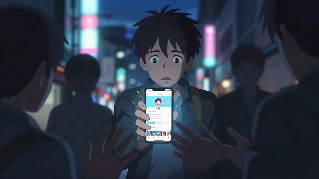 Worried person with smartphone showing unverified social media profile in dim urban street