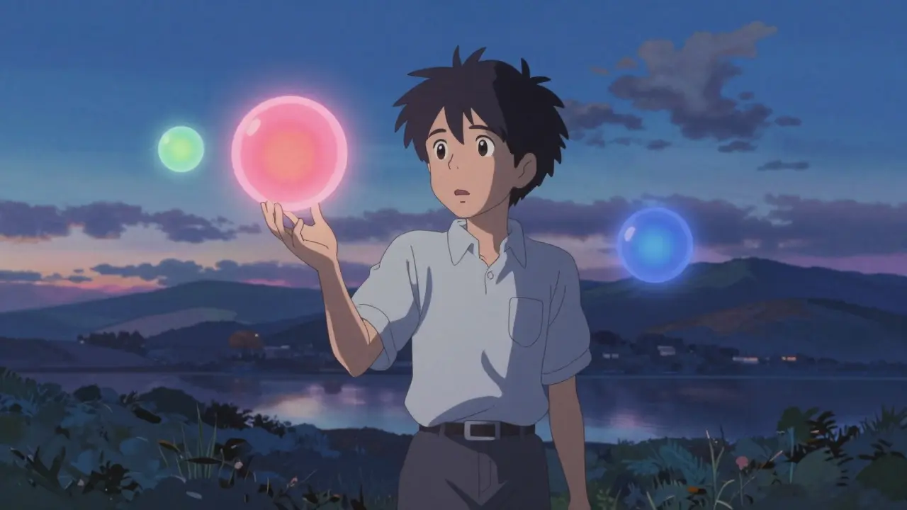 Young person confused by three differently sized glowing orbs in twilight field