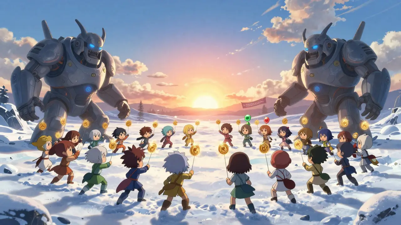 10,000 chibi players battling AI bosses in a snow battlefield as ZUKI tokens and NFTs bloom above them at dawn.