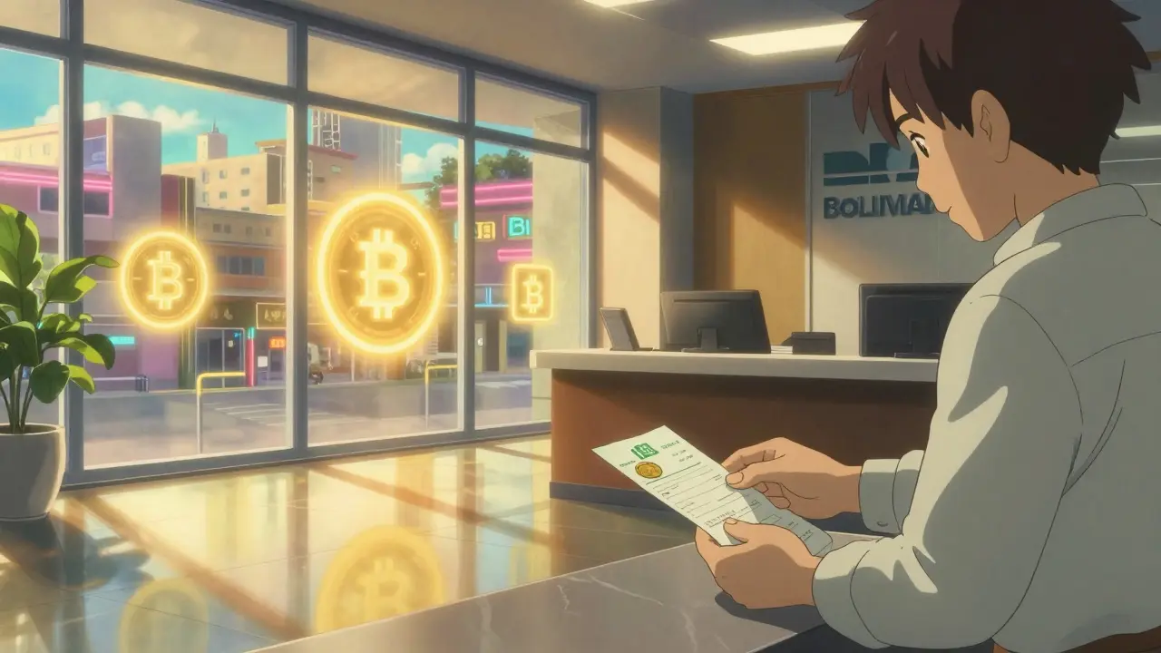 A bank teller processes a stablecoin transaction as golden light illuminates blockchain icons on the floor.