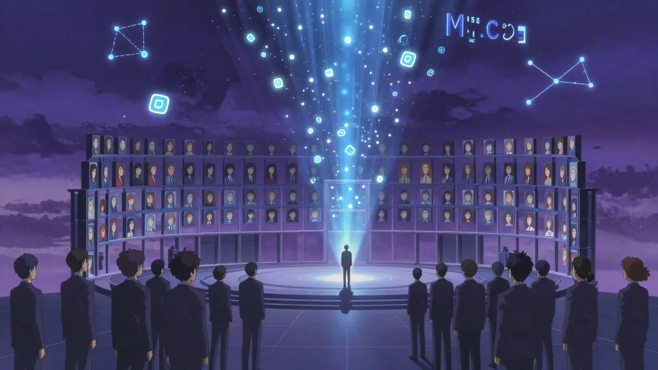 A celestial DAO voting chamber where avatars cast token fragments into stardust, while centralized control fades below.