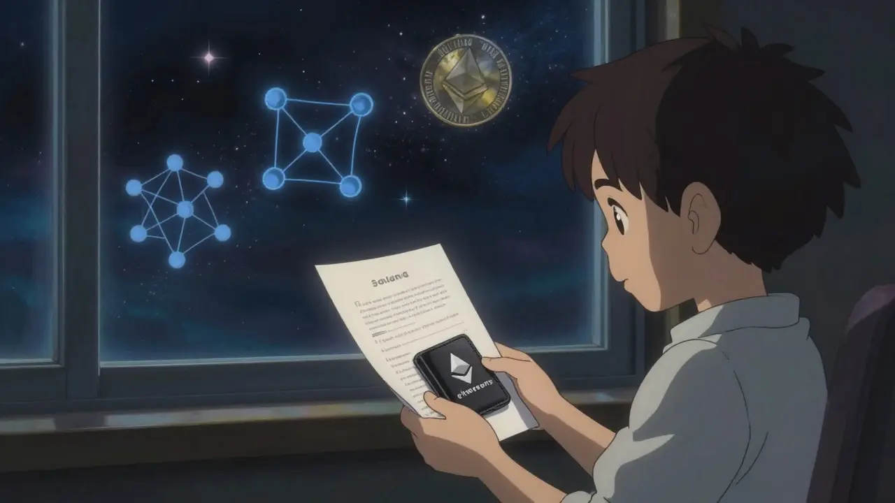 A child holds a simple Ethereum wallet as cosmic blockchain shapes glow in the night sky behind them.