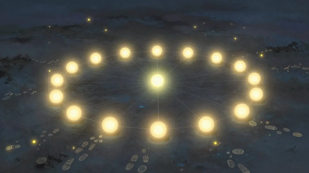 A circle of validator nodes with one guardian node shining brightly, while fake identities fade like fireflies.