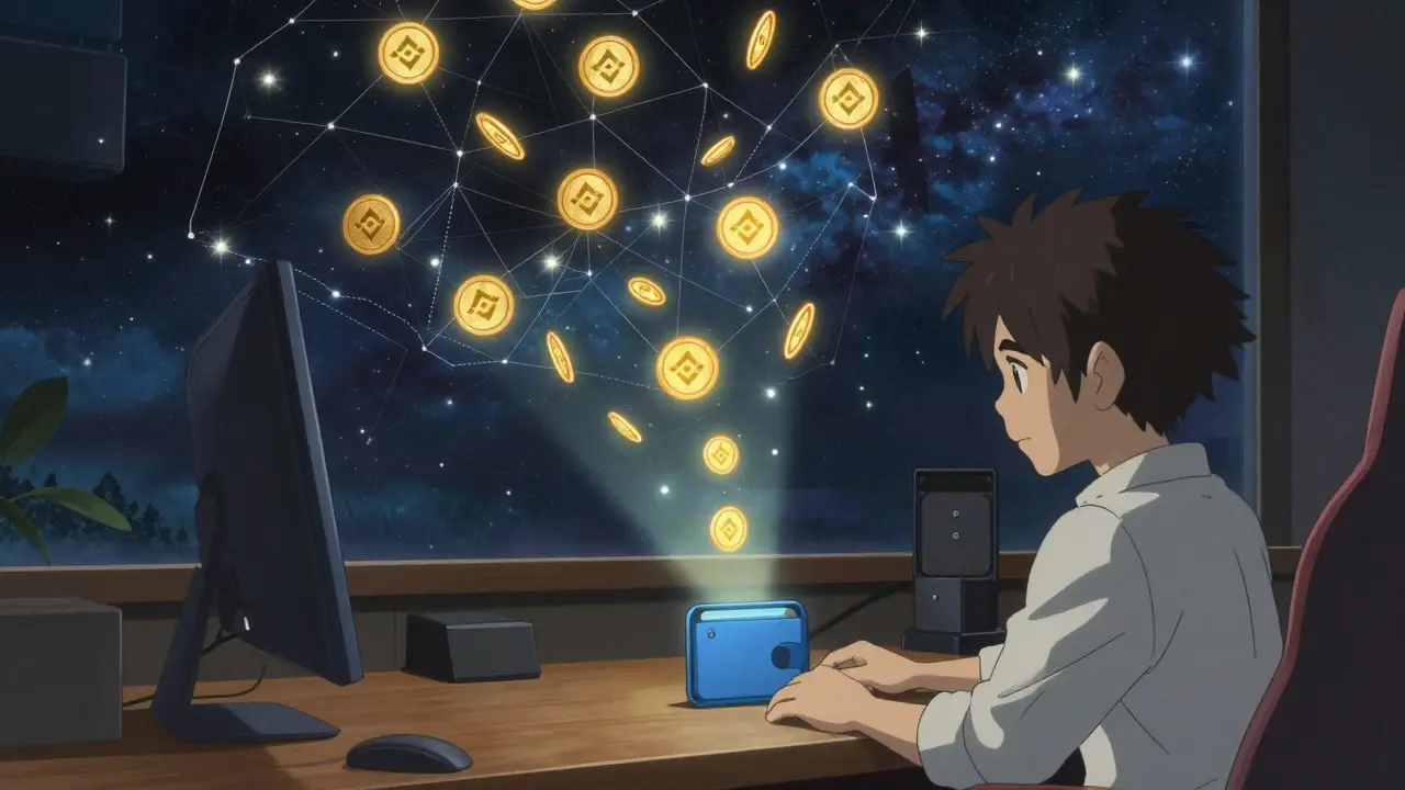 A cosmic map of blockchain networks glows above a desk, with billions of token particles suspended like stars in a night sky.