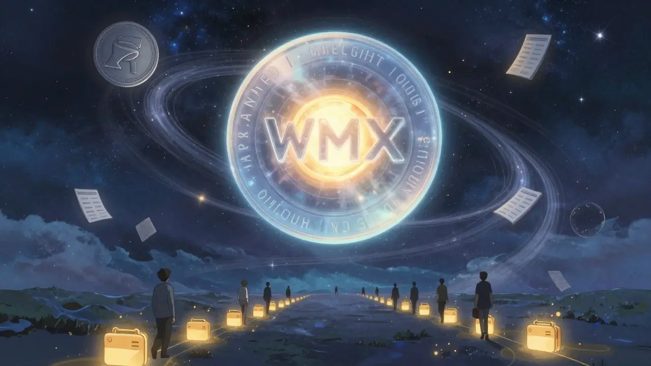 A cosmic veWOM token orbits a WMX core as users walk a path of light, symbolizing governance and community growth.