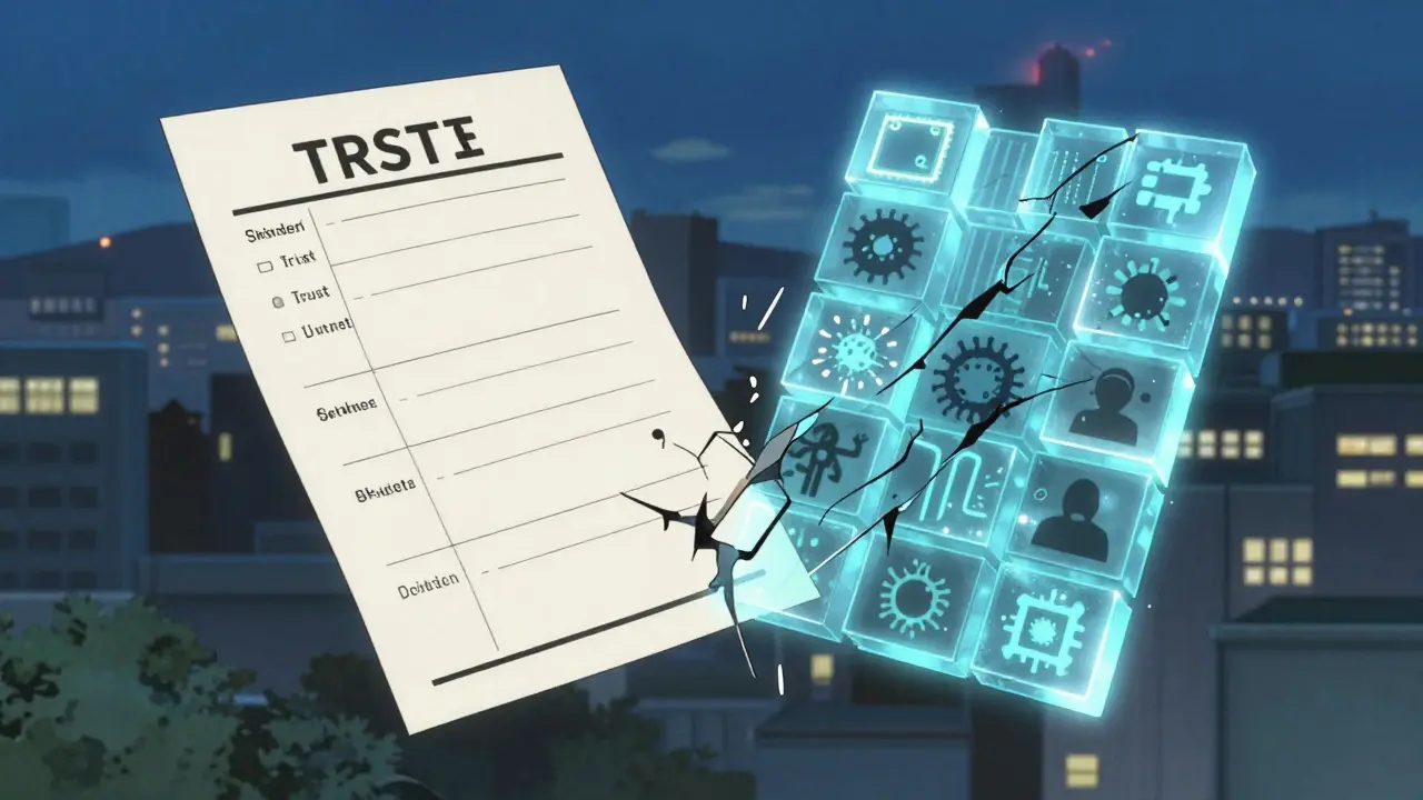 A digital ballot split between paper and blockchain, with hidden cyber threats in the cracks.