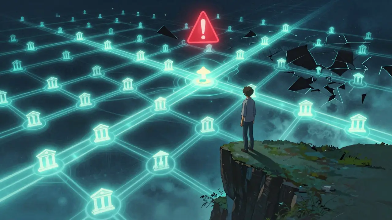 A figure stands above a glowing network of regulated and unregulated crypto paths, with a warning symbol above the dark ones.