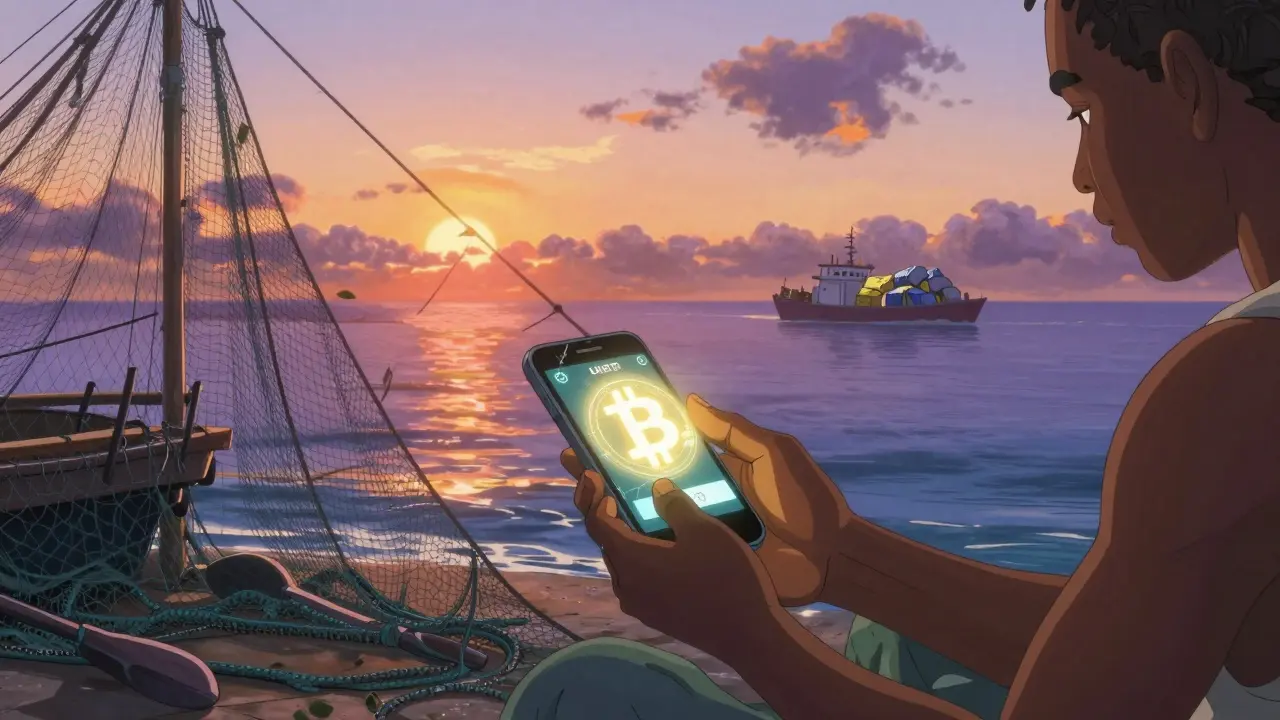 A fisherman in Accra receives a crypto payment as sunlight shines through nets, a Bitcoin symbol glowing above his hand.
