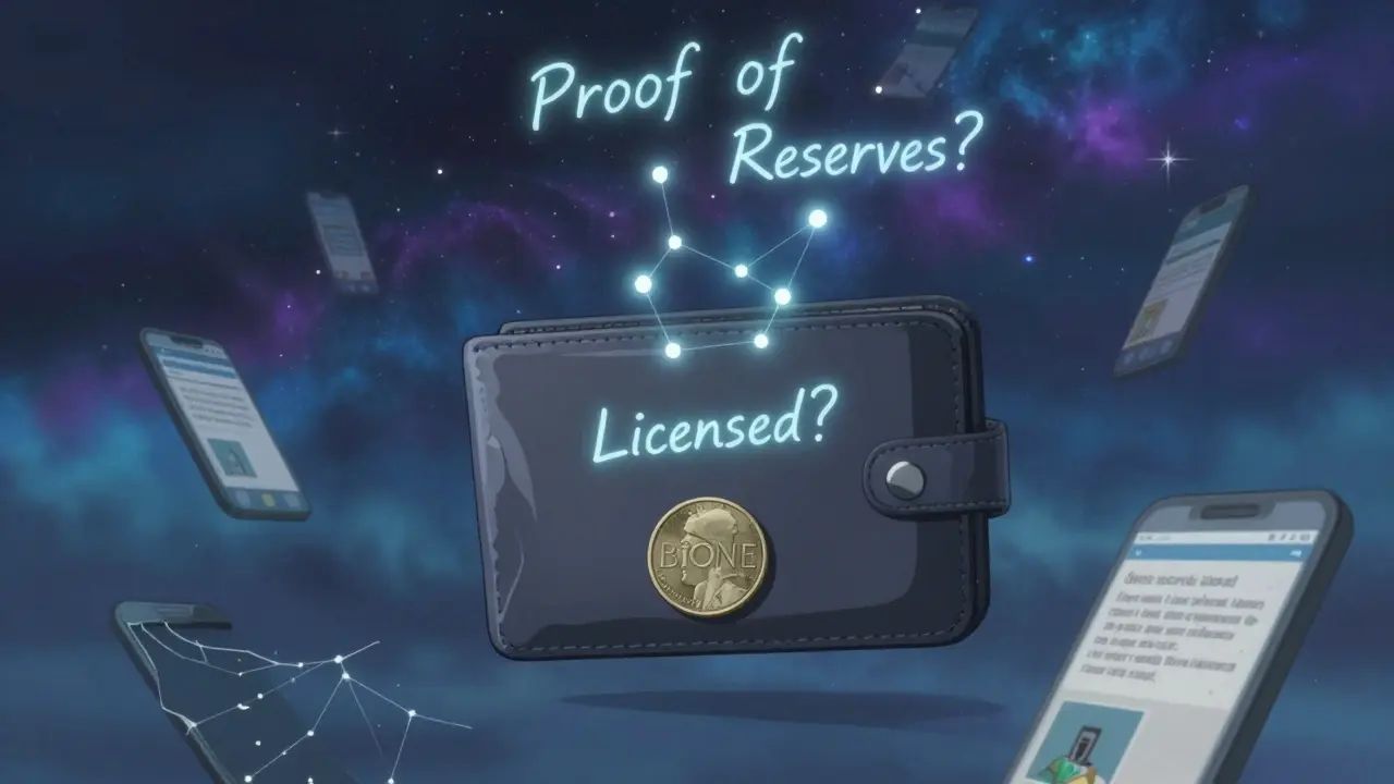 A floating empty wallet drifts in a starry void, with one fading BiONE coin falling as glowing questions form in the cosmos.