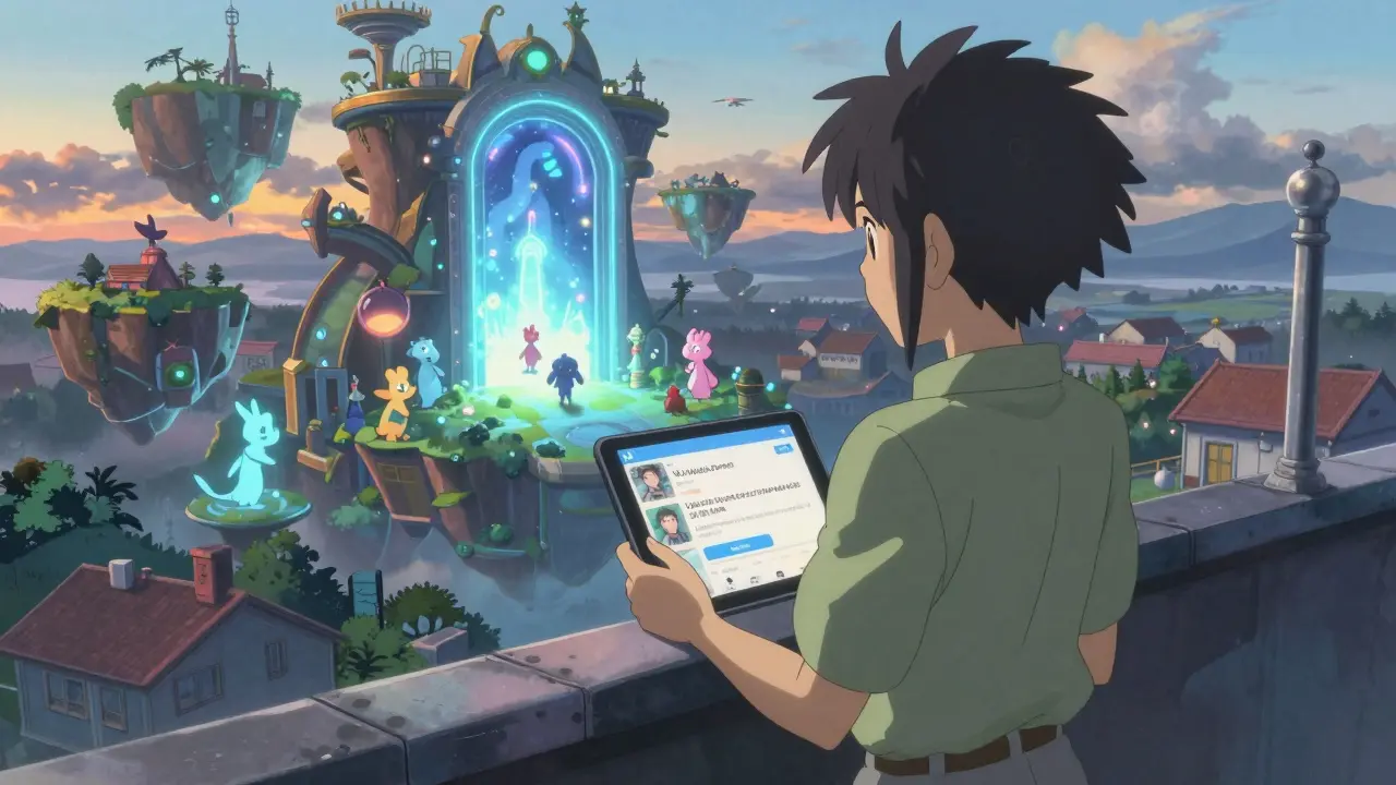 A gamer on a rooftop watches a tablet as a glowing portal to a digital game world opens behind them at sunrise.