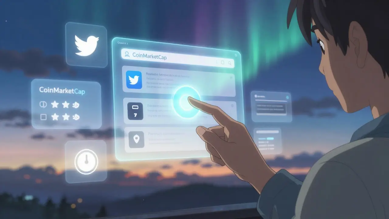 A hand connecting a wallet to a holographic CoinMarketCap interface with floating digital task icons under a glowing twilight sky.